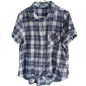 Westport Button Down Blue Plaid Short Sleeve Top